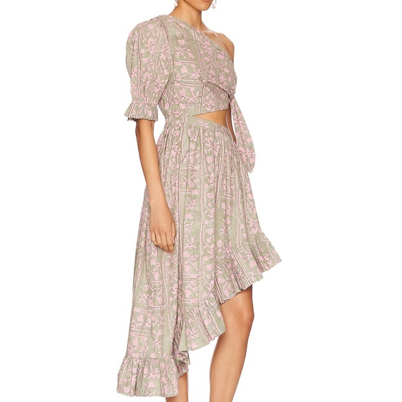 REVOLVE Cleobella Paola Ankle Asymmetrical Ruffle Dress Border Print Size Medium - Picture 16 of 16